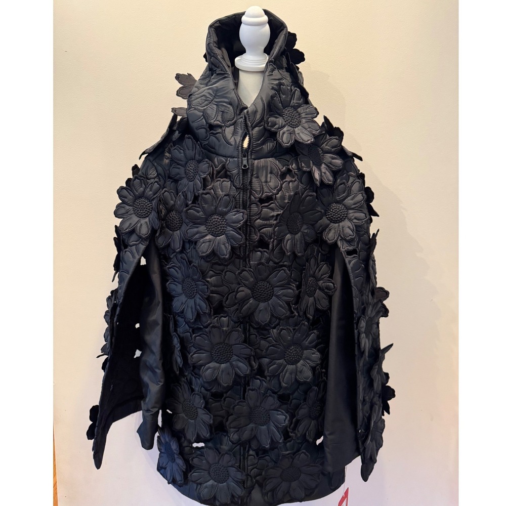 Valentino Fall 2022 Oversize 3D Floral Applique Hooded Cape Jacket Black IT 46